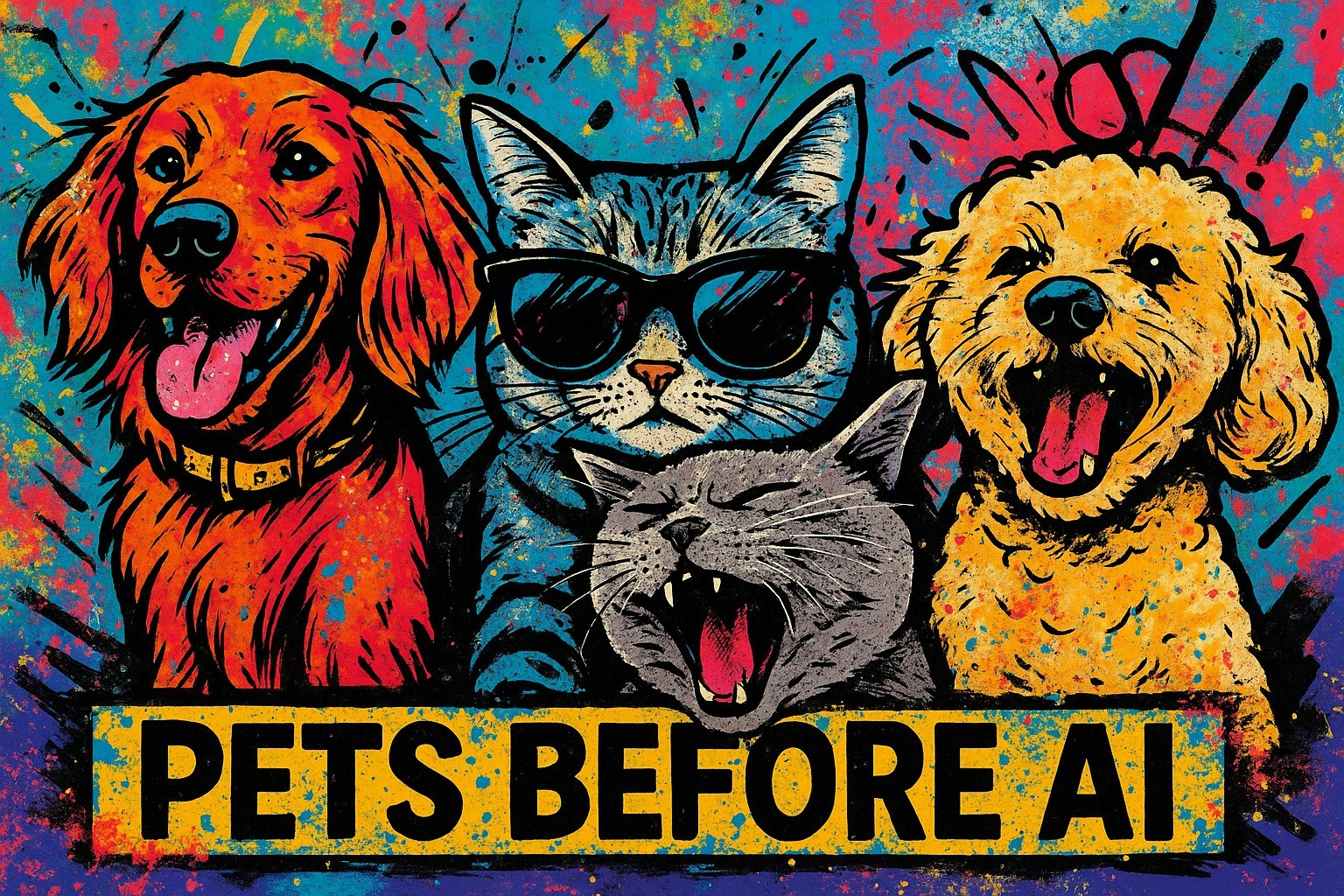 PETS BEFORE AI — pop-art portrait of the family's pets
