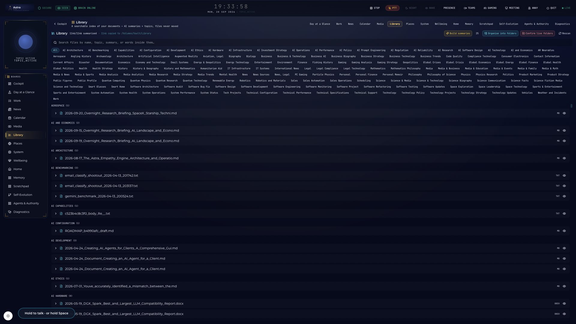 Astra's Library — a searchable index of every document, summarised and tagged